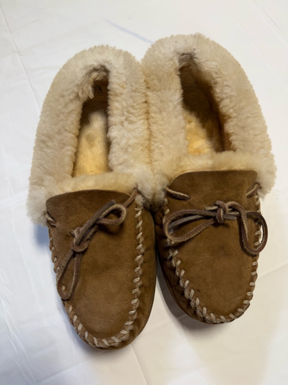 L.L.Bean Shearling Lined Moccasin Slippers Brown Leather Women’s 10 Cozy